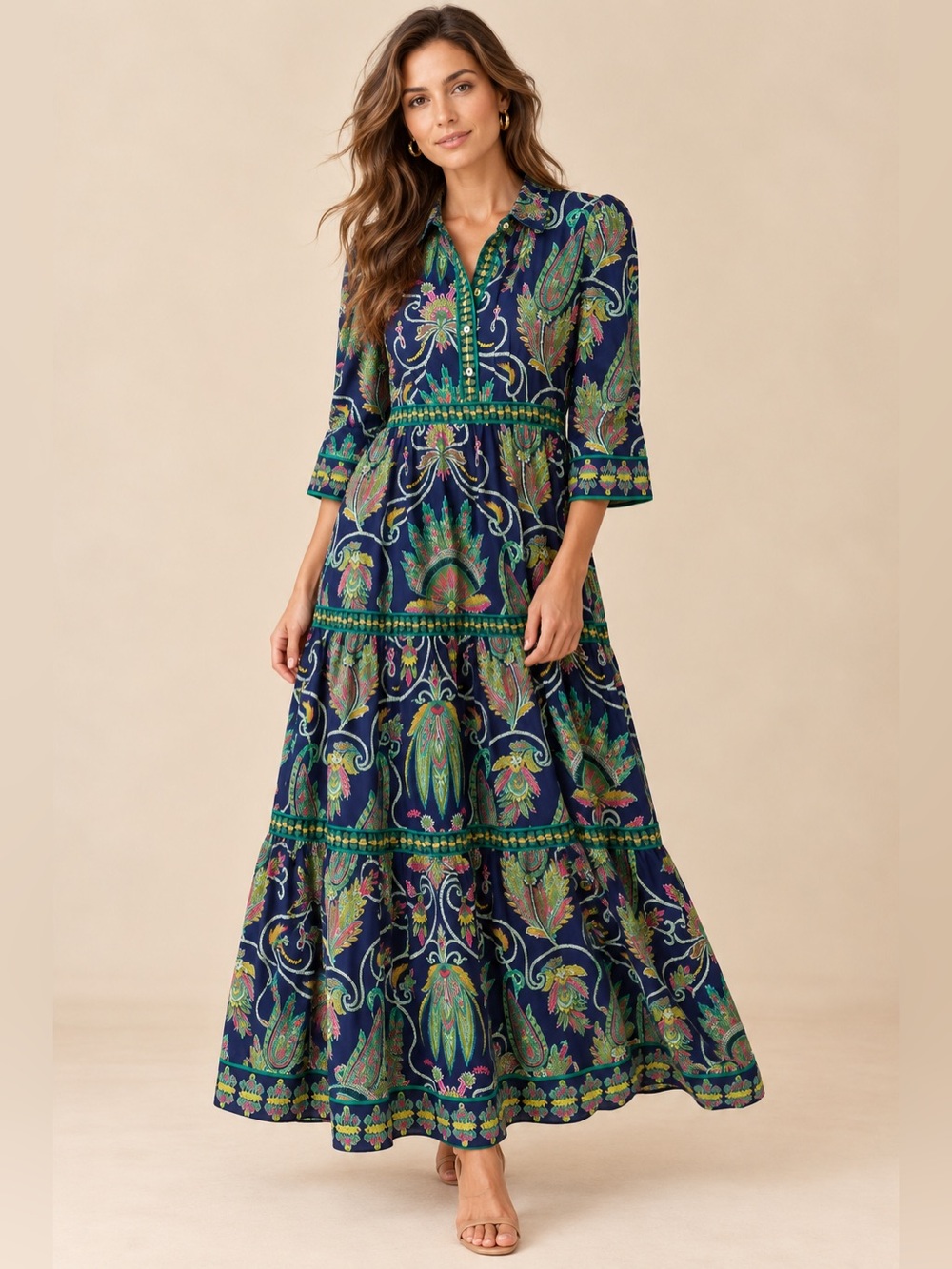 Gretchen Scott Navy Green Dark Floral Cotton Tiered Popover Shirt Maxi Dress XL